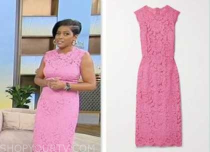 Tamron Hall Show: May 2023 Tamron Hall's Pink Lace Sheath Dress | Shop ...