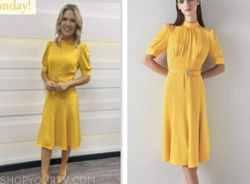 Good Morning Britain: May 2023 Charlotte Hawkins's Yellow Satin Belted ...