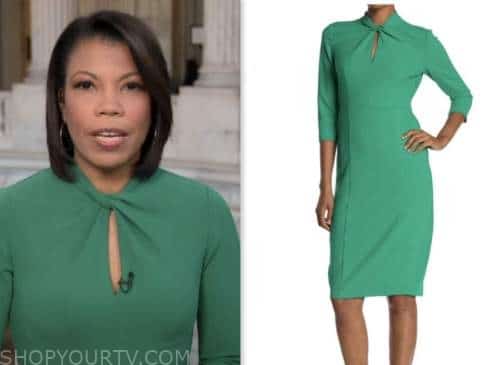 CBS Mornings: May 2023 Nikole Killion's Green Twist Neck Sheath Dress ...