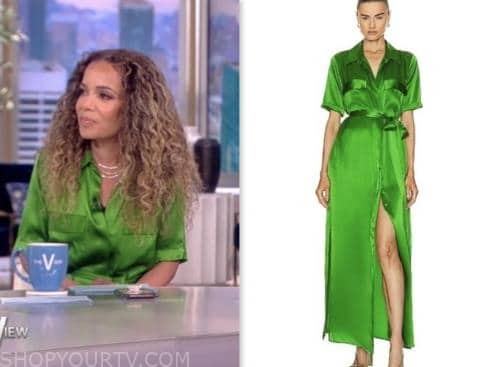 The View: May 2023 Sunny Hostin's Green Satin Utility Shirt Dress ...