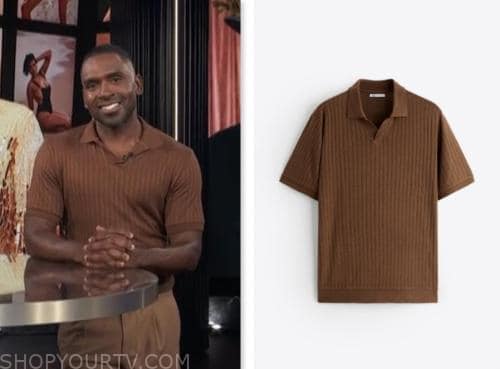 E! News: June 2023 Justin Sylvester's Brown Ribbed Knit Polo Sweater ...