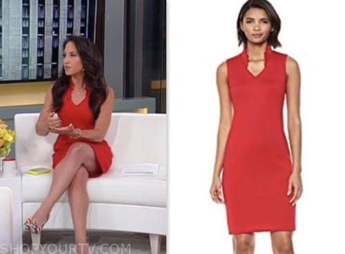 Outnumbered: June 2023 Emily Compagno's Red Ruffle Stand Collar Sheath ...