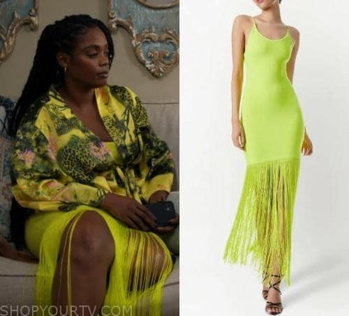 Sistas: Season 6 Episode 2 Sabrina's Yellow Fringe Satin Midi Dress ...