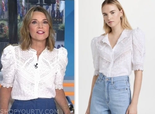 The Today Show: July 2023 Savannah Guthrie's White Lace Puff Sleeve Top ...