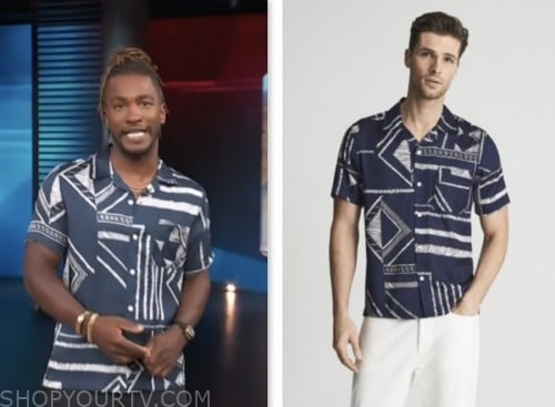 Access Hollywood: July 2023 Scott Evans's Blue and White Printed Shirt ...