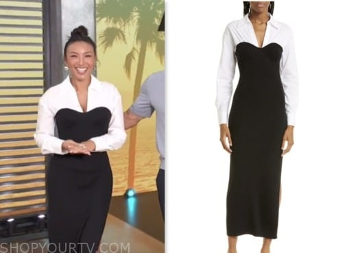 Access Daily: July 2023 Jeannie Mai's White Shirt and Black Strapless ...