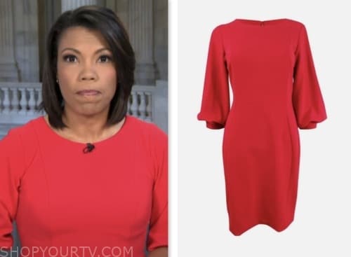 CBS Mornings: July 2023 Nikole Killion's Red Puff Sleeve Sheath Dress ...