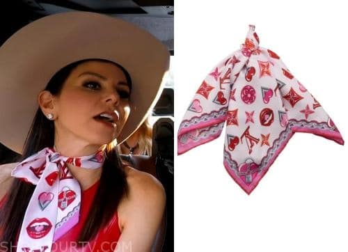 Louis Vuitton Silk Lucky Monogram Rose Pop Scarf worn by Heather Dubrow as  seen in The Real Housewives of Orange County (S17E04)