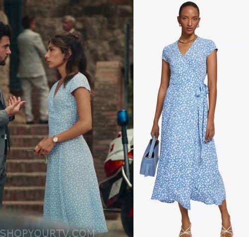 Who Is Erin Carter: Season 1 Episode 1 Erin's Blue/White Floral Wrap Dress