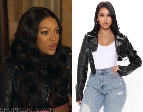 Off the shoulder clearance leather jacket fashion nova