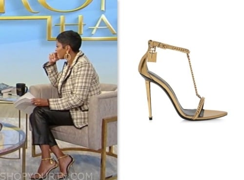 Tamron Hall Show: September 2023 Tamron Hall's Gold Lock Sandals Heels ...