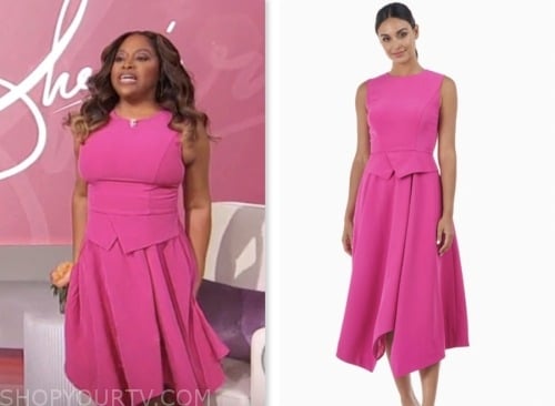 Express Body Contour Faux Leather Twist Front Midi Sheath Dress worn by  Sherri Shepherd as seen in Sherri on November 21, 2023