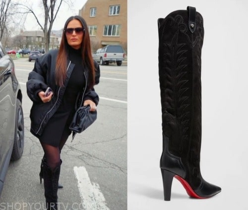 Christian Louboutin Santia Botta Mixed Leather Red Sole Boots worn by Lisa  Barlow as seen in The Real Housewives of Salt Lake City (S04E05)