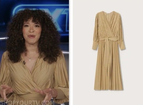 Extra: September 2023 Megan Ryte's Gold Pleated Belted Wrap Dress ...