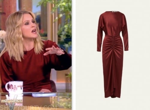 The View: October 2023 Sara Haines's Burgundy Ruched Waist Satin Midi ...