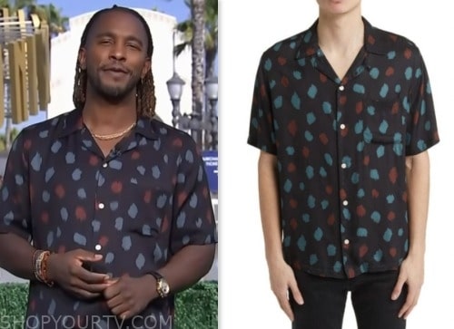 Access Hollywood: October 2023 Scott Evans's Black Printed Camp Shirt ...