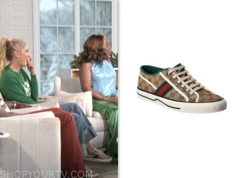 The Talk: December 2023 Amanda Kloots's Beige Monogram Stripe Sneakers ...