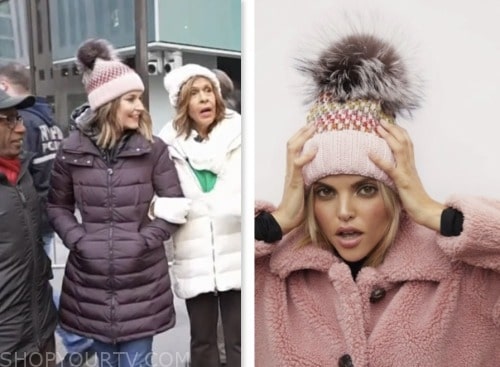 The Today Show: December 2023 Savannah Guthrie's Pink Printed Pom Knit  Beanie Hat