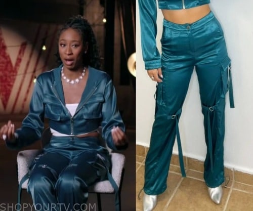 Teal Satin Cargo Pants –