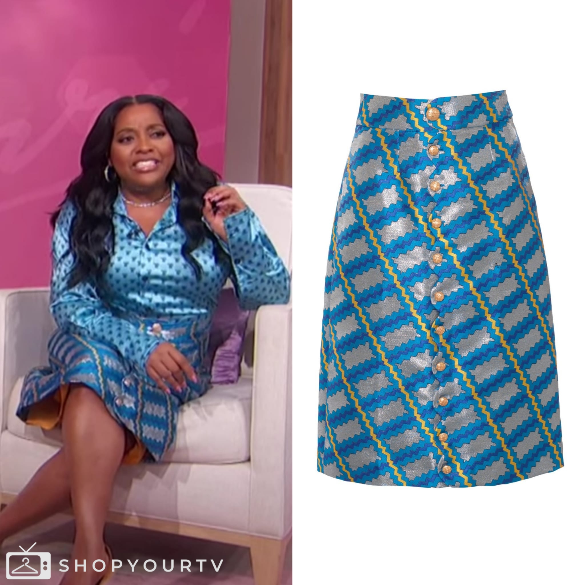 Sherri February 2024 Sherri Shepherd’s Blue Printed Skirt Shop Your TV