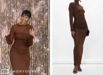 Tamron Hall Show: February 2024 Sabrina Elba's Brown Ruched Midi Dress