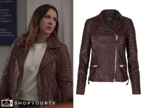 Casualty: Season 39 Episode 7 Burgundy Quilted Shoulder Leather Jacket ...