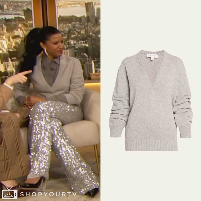 Michael Kors Stretch Sequin Flare Pants worn by Renée Elise Goldsberry as  seen in The Drew Barrymore Show on March 11, 2024