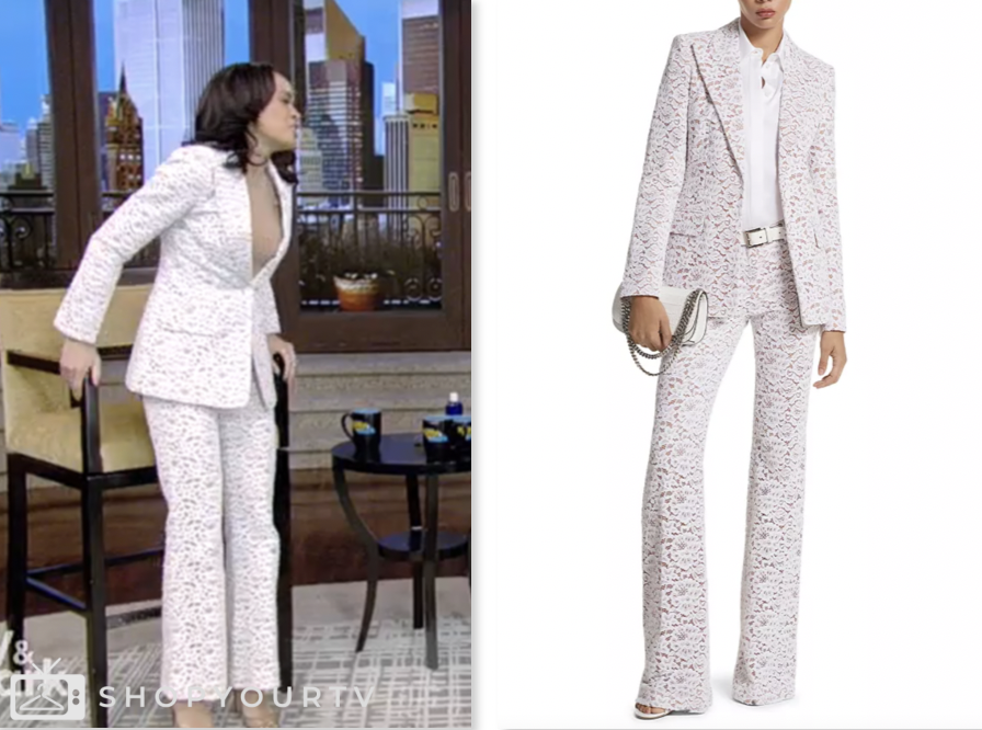 Live with Kelly and Mark: March 2024 Linsey Davis's White Floral Lace  Blazer and Pant Suit