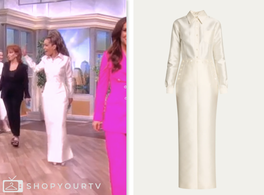 The View March 2024 Sunny Hostin's White Satin Maxi Shirt Dress Shop